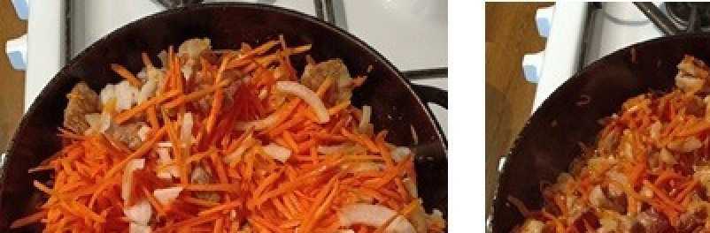 1. Этап. Подлива мясная: Добавить лук, морковь, чеснок, хорошо перемешать, обжаривать до тех пор, пока лук с морковкой не зарумянятся.