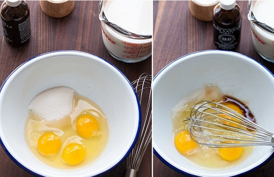 1. Этап. Бабушкины блины: 1. Для начала в глубокую мисочку вбейте яйца. Добавьте ванильный экстракт и сахар. Для несладкой начинки используйте 1 ложку сахара.