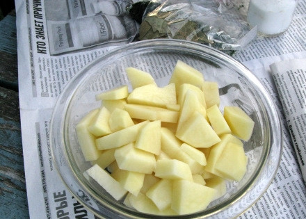 1. Этап. Уха на природе: Пока варится рыбный бульон, почистите оставшуюся луковицу и картофель, вымойте и нарежьте картофель (крупно) и лук (кубиками).