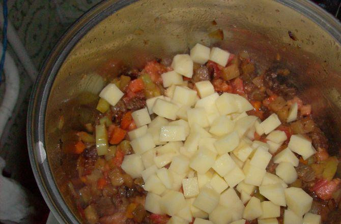 1. Этап. Лагман из спагетти: 3. Теперь добавим картофель кубиками. Солим, перчим, добавим всяческие специи.