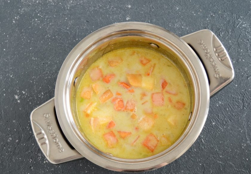 1. Этап. Карри с тыквой: Добавьте тыкву и томите под крышкой, пока она не станет мягкой. Примерно 20-30 минут.