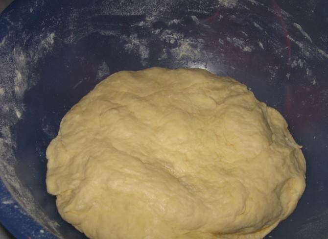 1. Этап. Тесто для плюшек: Теперь вливаем дрожжевую смесь и замешиваем тесто. Чем тщательнее вы это сделаете, тем вкуснее будут ваши плюшки.