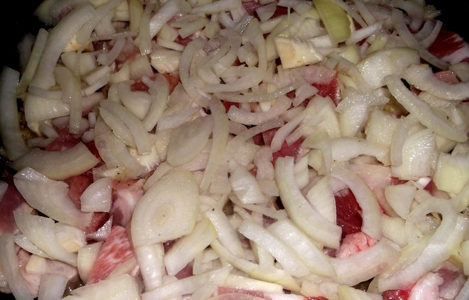 1. Этап. Мясо, тушенное с грибами в сметане: Разогрейте в сковороде растительное масло. Выложите мясо, сверху распределите лук. Готовьте на среднем огне 35-40 минут, помешивая.