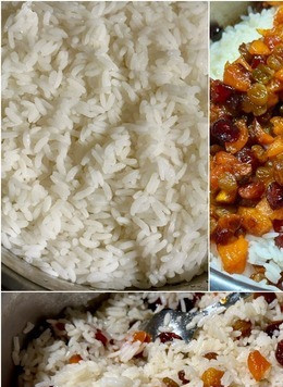 1. Этап. Тыква Жаба с рисом и сухофруктами: Начинка. Рис хорошо промыл и сварил. Практически до готовности. Откинул, но не промывал. И смешал с фруктовой начинкой. Перемешивать надо деликатно, чтобы не рис не помять.