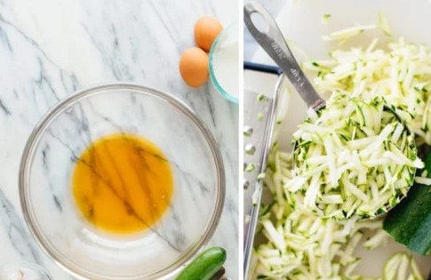 1. Этап. Маффины с цукини: 1. Духовку включите и разогрейте до 180 градусов. Соедините оливковое масло с медом, перемешайте. Цукини вымойте, обсушите, натрите на терке.