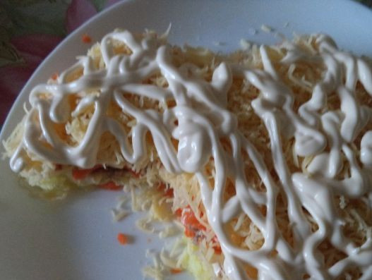 1. Этап. Салат Коза: 8. Выкладываем морковь и в самом конце сыр. Майонеза не жалейте, поскольку все эти составляющие его хорошо впитывают.