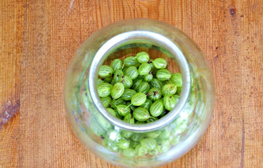 1. Этап. Компот из крыжовника с мятой: Банку простерилизуйте удобным для вас способом (я делаю это над паром, минут 5). После выложите ягоды в баночку.