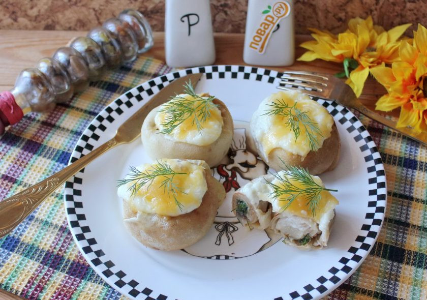 1. Этап. Блинная закуска Пеньки: Закуска из блинов с грибами 