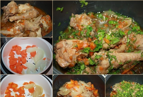 1. Этап. Курица в пиве в мультиварке: Через 2 часа мы приступаем ко второму этапу: овощи из пароварки мы перекладываем в емкость к курице и добавляем туда нарезанную зелень. Закрываем крышку и в режиме 