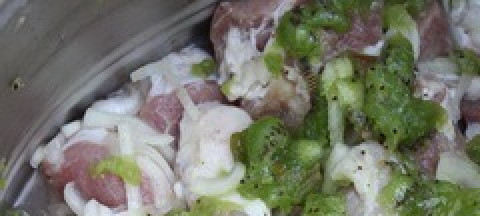 1. Этап. Шашлык из телятины с киви: Киви разминаем в кашицу и добавляем к мясу за 20 минут до жарки.