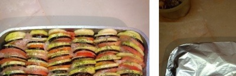 1. Этап. Рататуй с куриной грудкой: Овощи посолить, сбрызнуть растительным маслом и накрыть фольгой. Запекать в духовке 1ч при t 180C. За 10-15мин до готовности снять фольгу. При подаче посыпать зеленью.