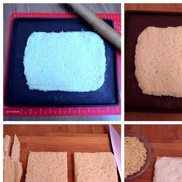 1. Этап. Пирожное Ноябрь: Тесто вынимаем из холодильника. Его нужно раскатать в прямоугольный пласт толщиной ~0,5 см. Его нужно раскатать на силиконовом коврике для выпечки или на пекарской бумаге. Ставим в разогретую духовку до Т-180 С на 10 минут. Ориентируйтесь по своей духовке, не пересушите. Вынуть, дать немного остыть, выложить на доску и обрезать ровно все края. У меня получился прямоугольник со сторонами 20Х14 см. Обрезанные края растереть в крошку для посыпки. Сам пласт со стороной 20 см разделить на 2 равные части по 10 см. Каждую часть смазать кремом, наложить друг на друга, чтобы крем был в серединке и сверху.