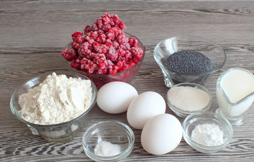 1. Этап. Пирог с маком и малиной: Подготовьте необходимые ингредиенты.