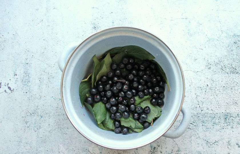 1. Этап. Вино из листьев вишни и черноплодной рябины: Ягоды снимите с веточек, выложите в кастрюлю вместе с листьями.