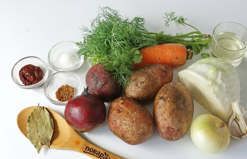 1. Этап. Борщ с аджикой: Подготовьте все ингредиенты.