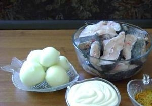 1. Этап. Шашлык из сома: Посмотрим что нам нужно для приготовления шашлыка из сома. Стейки, грубая соль, сметана, лук, лимон (но его почему-то нет на фото), смесь приправ и растительное масло.