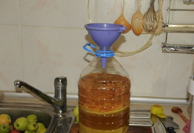 1. Этап. Яблочная брага: 2. Подготовленные плоды мелко накрошите или измельчите при помощи мясорубки или блендера. Полученную массу переложите в емкость для брожения. Оставьте на несколько часов в теплом месте. После чего влейте 1,5 литра воды и хорошо перемешайте. Оставшуюся воду закипятите, растворите в ней сахар. Остудите сироп до 30 градусов (не более), всыпьте дрожжи, перемешайте и добавьте в емкость с яблочной массой. Накройте марлей и поставьте в теплое место для брожения на 6-7 дней.