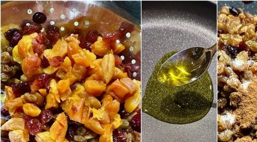 1. Этап. Тыква Жаба с рисом и сухофруктами: Сухофрукты немного измельчил. Привел к размеру изюма – плюс минус. Пару ложек оливкового масла разогрел на сковороде. Именно разогрел, а не раскалил. И отправил туда сухофрукты, ванильный сахар и корицу. Постоянно помешивая на среднем нагреве немного, нет не прижарил, а прогрел хорошо содержимое. Чтобы сахар, корица и фрукты переженились и составили ароматный, сладкий ансамбль.