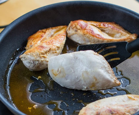 1. Этап. Курица в сметане с луком: Переверните грудки на другую сторону и жарьте еще где-то 5-7 минут. Пока сок не станет прозрачным.