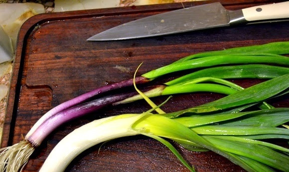 1. Этап. Рагу из говядины в тыкве по-аргентински: Белую часть лука-порея нарезаем тонкими кольцами, а зеленый лук рубим мелко.