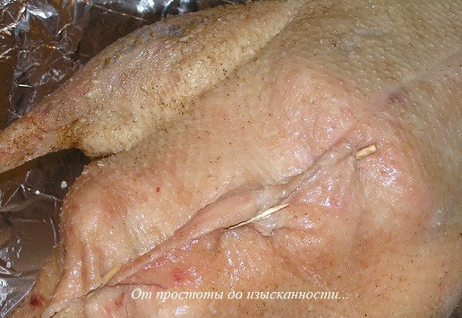 1. Этап. Рождественский гусь с фруктами и картофелем: Отверстие закрепите зубочистками.