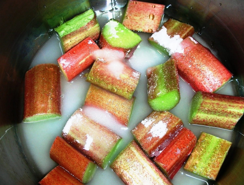 1. Этап. Имбирный пирог с ревенем: Ревень очистите, нарежьте стебель на кусочки около 4 сантиметров длиной. Положите ревень в кастрюлю, добавьте к нему сахарную пудру и несколько столовых ложек воды. Поставьте на средний огонь и после кипения потушите 5 минут.