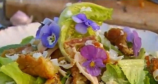 1. Этап. Салат Цезарь от Джейми Оливера: Перемешать и выложить на салатные листья. Полить соусом (возможно, понадобится не весь!), еще раз перемешать и посыпать сверху остатками пармезана. Ну, а если вы ждете в гости кого-то важного - маму или подругу - украсьте салат фиалками! 