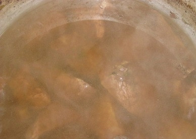 1. Этап. Легкое оленя, запеченное на огне: 5. Варим легкое примерно часа полтора после закипания, затем добавляем соль, стебли петрушки, укропа и продолжаем варить еще минут 30-40.