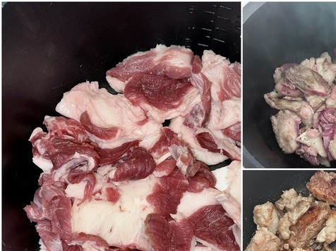 1. Этап. Харчо с орехами и сливой: Выставил режим «жарка» и т-ру 180 градусов. И ждал пока зашкворчит. Выдержал пять минут в этом режиме. Потом убавил нагрев до 150 и постоянно помешивая, вытопил жирок.