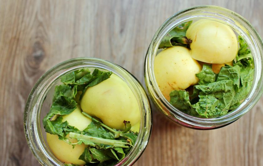 1. Этап. Моченая антоновка в домашних условиях: Поверх яблок выложите листья хрена и смородины.