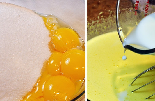 1. Этап. Шоколадный торт с заварным кремом: Пока коржи выпекаются и остывают, вы можете приготовить крем: смешайте 11 желтков с 180 г сахара, пока сахар не растворится.