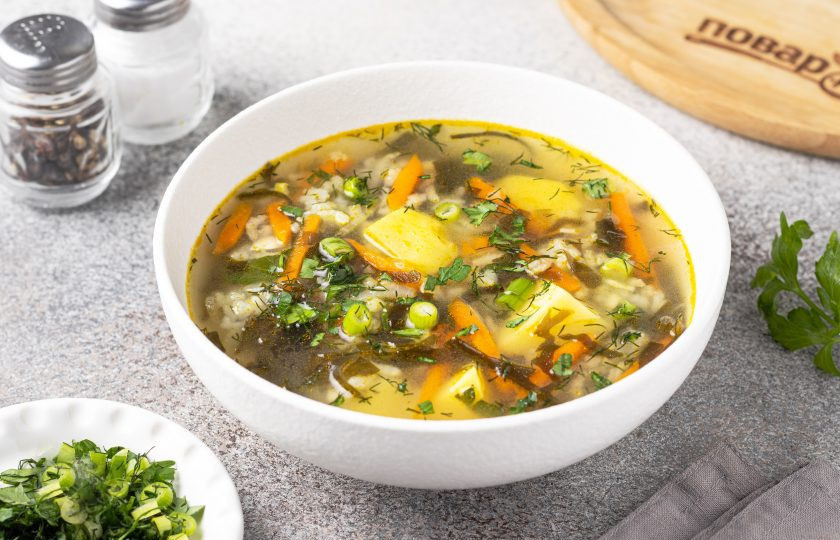 1. Этап. Суп с морской капустой и рисом: Суп с морской капустой и рисом готов, приятного вам аппетита!