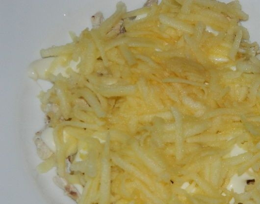 1. Этап. Салат с курицей и сыром: 4. Натрите яблоко на средней терке и выложите на курицу. Не забывайте каждый слой смазывать майонезом.
