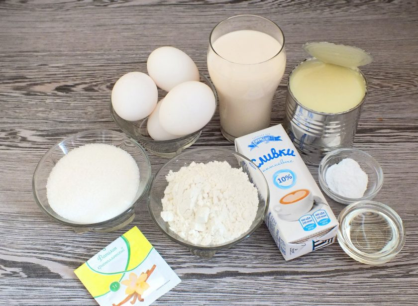 1. Этап. Пирог Три молока: Подготовьте необходимые ингредиенты. Они должны быть комнатной температуры.