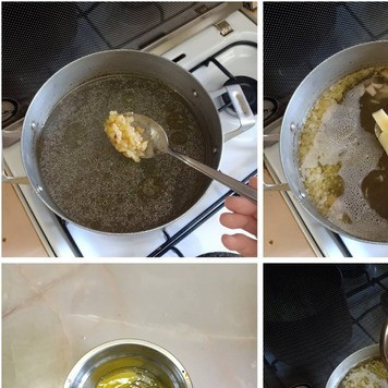 1. Этап. Суп Лохматый: Бульон довести до кипения, посолить, бросить туда картофель и обжаренный лук. Варить 10мин, затем аккуратно ввести в суп взбитое яйцо, помешивая бульон венчиком.