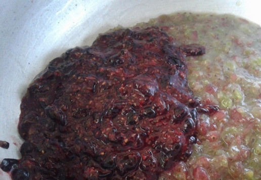 1. Этап. Варенье-желе из крыжовника и смородины: Пробиваю обе ягоды в кухонном комбаине. Не довожу до абсолютного пюре! Хорошо, если кусочками останется, особенно крыжовник. Вот так поочерёдно, всё равно смешивать.