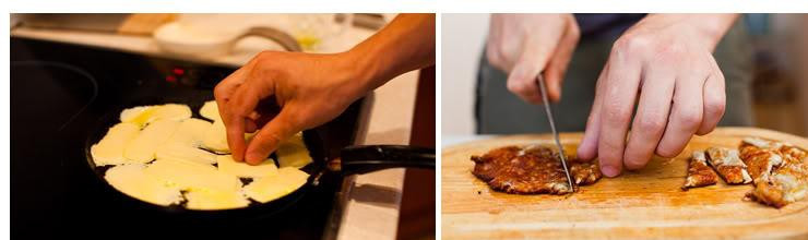 1. Этап. Салат из сулугуни и винограда: Сыр сулугуни нарезаем на тонкие пластинки и обжариваем в оливковом масле на быстром огне. Обжариваем до золотистости с одной стороны, переворачиваем, обжариваем до золотистости с другой.