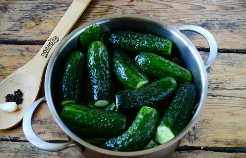 1. Этап. Малосольные огурцы за сутки: Сверху выложите оставшиеся огурцы.