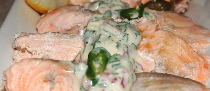 1. Этап. Семга отварная: Остывшую рыбу полейте соусом. Приятного аппетита!