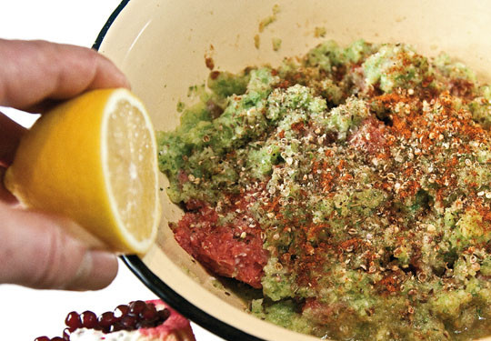 1. Этап. Люля-кебаб из фарша: В фарш добавляем перемолотый лук и специи. Солим и перчим по вкусу и выдавливаем сок из половинки лимона.