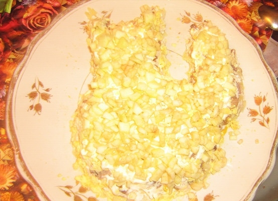 1. Этап. Салат Белочка: Теперь почистите яблоки и нарежьте кубиками, или натрите на тёрке. Выложите на желтки и покройте майонезом.