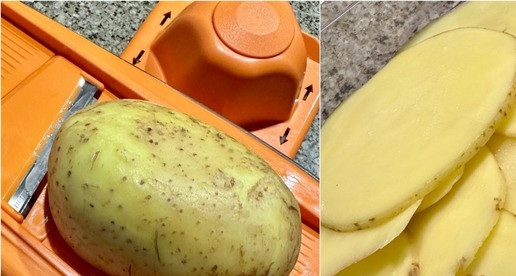 1. Этап. Картофельная яичница с авокадо и лососем: Значит, первым делом взял я крупную картофелину и её Слайсировал. Вот так! Не ножиком вульгарно – тонко нарезал, а именно на слайсере - слайсировал!