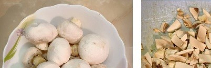 1. Этап. Фаршированные кабачки под сырной корочкой: Помыть и очистить грибы, покрошить их средними кусочками.