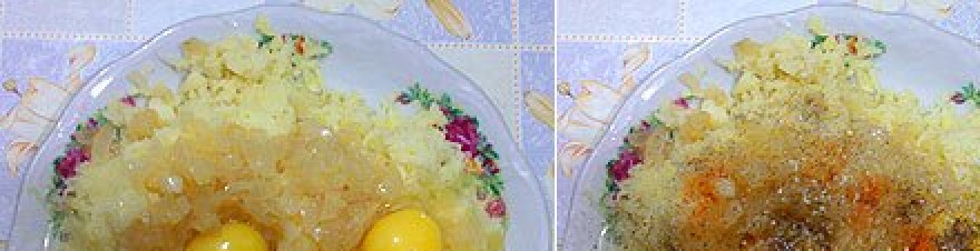 1. Этап. Картофельные зразы с сосиской: Вбиваем яйца, добавляем соль и перец. Перемешиваем.