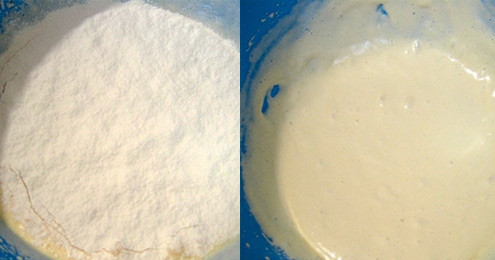 1. Этап. Бисквитные коржи в мультиварке Панасоник: 3. После того, как добавили весь сахар, снижаем скорость миксера на минимум и всыпаем заранее просеянную муку. Вымешиваем до образования однородной массы без комочков.