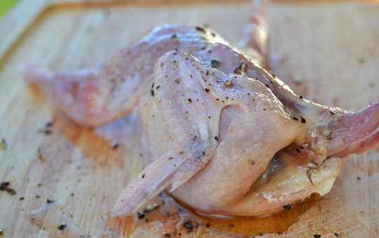 1. Этап. Перепелка в духовке: 7. Птичек вымойте, обсушите. Посолите и поперчите. Смажьте небольшим количеством оливкового масла и при желании добавьте немного меда.