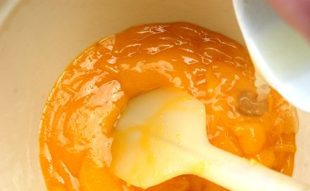 1. Этап. Мусс из персиков: 4. Влить в пюре немного свежевыжатого лимонного сока и как следует перемешать.