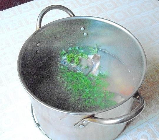 1. Этап. Заливное из голов толстолоба: 3. В кастрюлю выкладываем рыбьи головы, и заливаем холодной водой, после того как вода закипит, снимаем пену. Затем требуется уменьшить огонь, добавляем корешки и лук, после черного перца и лаврового листа. Варим приблизительно минут тридцать. После удаляем лук и корни, и добавляем сюда зелень.