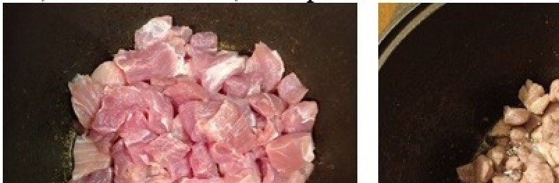 1. Этап. Картошка, тушеная с мясом: Мясо хорошо промыть, нарезать кусочками, примерно 3х3 см. В казан налить часть масла, разогреть его, положить мясо, обжарить на сильном огне до золотистой корочки.