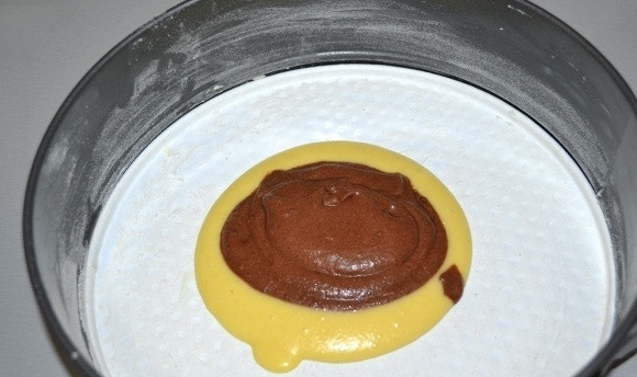 1. Этап. Пирог Зебра простой: Разогрейте духовку до 180 градусов. Форму для выпечки диаметром 24 см. смажьте маслом, обсыпьте мукой, излишки муки стряхните. Влейте 3 ст. л. белого теста в центр формы, затем, в центр круга из белого теста, налейте 3 ст. л. теста с какао.